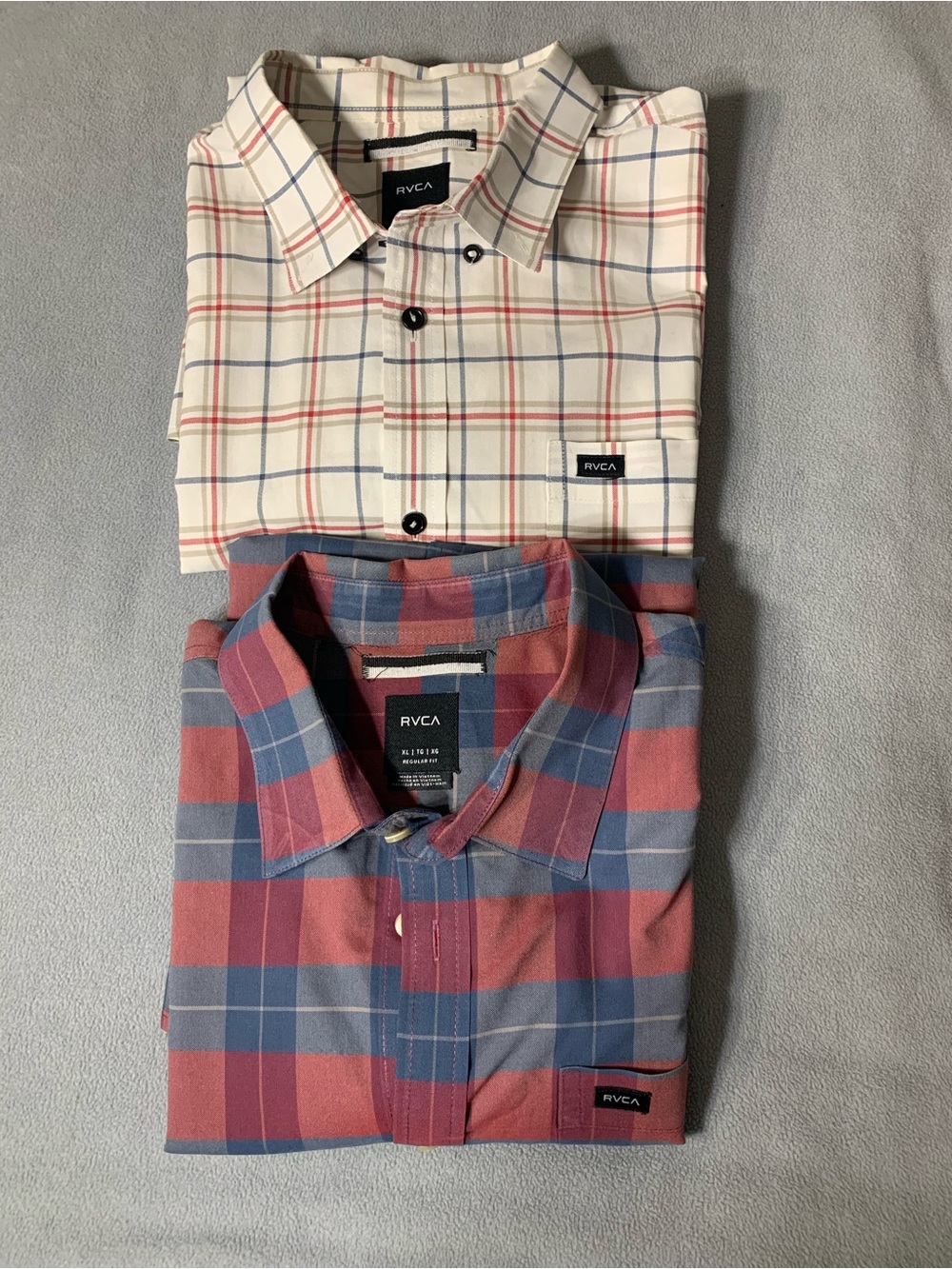RVCA Two Men’s Plaid Button-Down Shirts - Cream/Red/Blue & Red/Blue